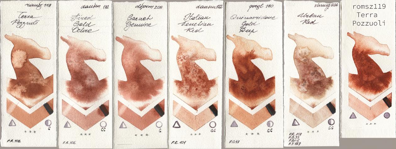 Roman Szmal Aquarius 119 Terra Pozzuoli, Daniel Smith 172 Fired Gold Ochre, 205 Garnet Genuine, 122 Italian Venetian Red, Golden QOR 160 Quinacridone Gold Deep, Shminke Horadam Aquarell 926 Urban Red, my 119 pozzuo watercolor swatch