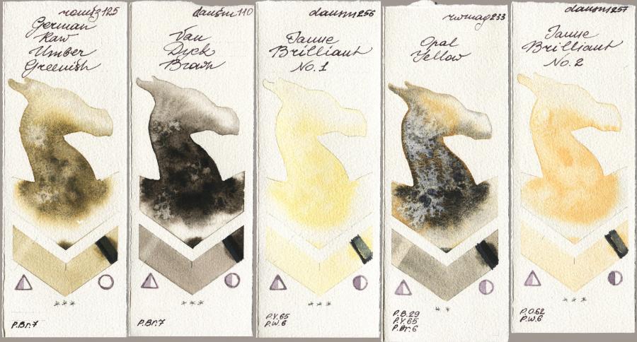 Roman Szmal Aquarius 125 German Raw Umber Greenish vs Daniel Smith 110 Van Dyck Brown vs 256 Jaune Brilliant No 1 vs Rockwell 233 Opal Yellow vs 257 Jaune Brilliant No 2 watercolor swatch
