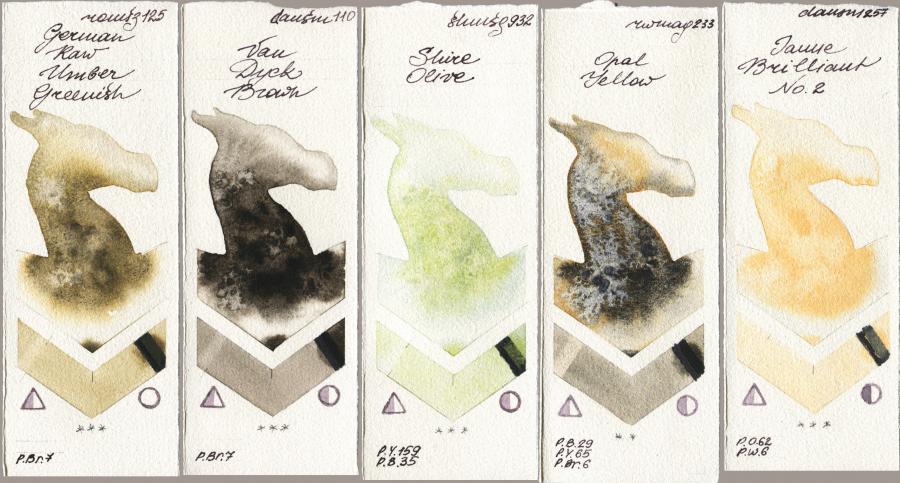 Roman Szmal Aquarius 125 German Raw Umber Greenish vs Daniel Smith 110 Van Dyck Brown vs Shminke Horadam Aquarell 932 Shire Olive vs Rockwell 233 Opal Yellow vs 257 Jaune Brilliant No 2 watercolor swatch