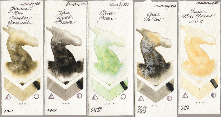 Roman Szmal Aquarius 125 German Raw Umber Greenish vs Daniel Smith 110 Van Dyck Brown vs Shminke Horadam Aquarell 933 Shire Green vs Rockwell 233 Opal Yellow vs 257 Jaune Brilliant No 2 watercolor swatch