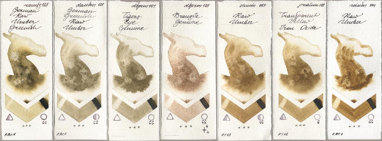 Roman Szmal Aquarius 125 German Raw Umber Greenish, Daniel Smith 121 German Greenish Raw Umber, 161 Tigers Eye Genuine, 199 Bronzite Genuine, Shminke Horadam Aquarell 667 Raw Umber, M. Graham & Co. Artists 188 Transparent Yellow Iron Oxide, Winsor & Newton Professional 554 Raw Umb watercolor swatch