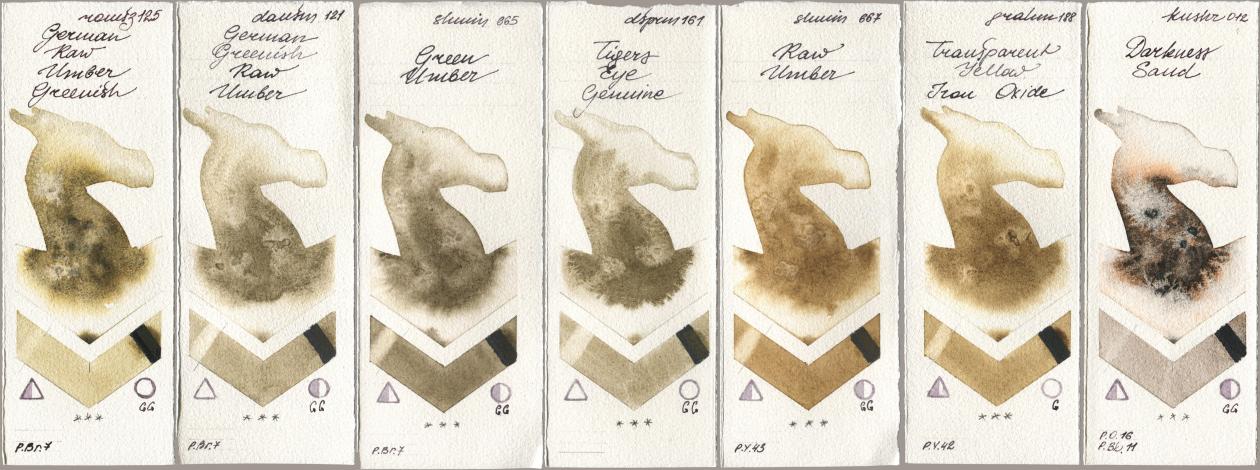 Roman Szmal Aquarius 125 German Raw Umber Greenish, Daniel Smith 121 German Greenish Raw Umber, Shminke Horadam Aquarell 665 Green Umber, 161 Tigers Eye Genuine, 667 Raw Umber, M. Graham & Co. Artists 188 Transparent Yellow Iron Oxide, Kusakabe 012 Darkness Sa watercolor swatch