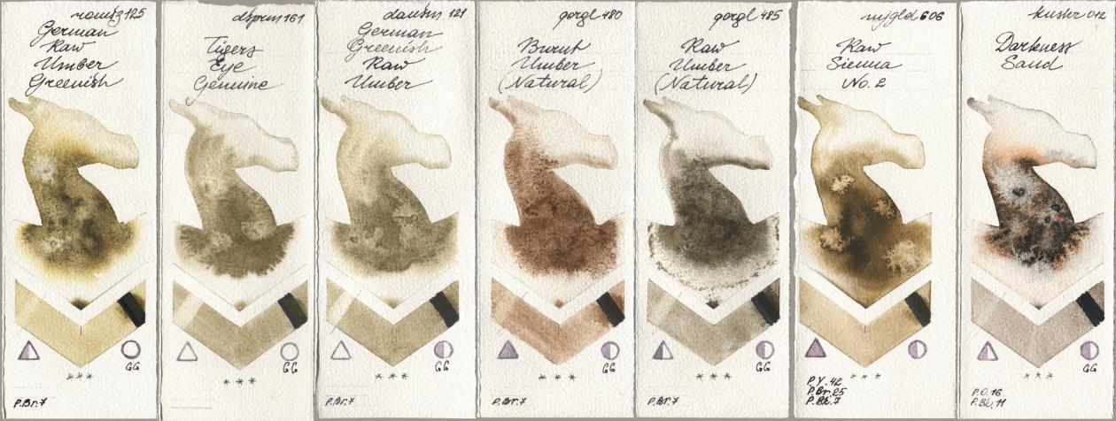 Roman Szmal Aquarius 125 German Raw Umber Greenish, Daniel Smith 161 Tigers Eye Genuine, 121 German Greenish Raw Umber, Golden QOR 480 Burnt Umber (Natural), 485 Raw Umber (Natural), Mijello Mission Gold 606 Raw Sienna No 2, Kusakabe 012 Darkness Sa watercolor swatch