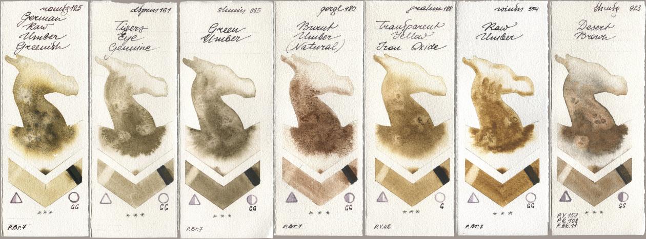 Roman Szmal Aquarius 125 German Raw Umber Greenish, Daniel Smith 161 Tigers Eye Genuine, Shminke Horadam Aquarell 665 Green Umber, Golden QOR 480 Burnt Umber (Natural), M. Graham & Co. Artists 188 Transparent Yellow Iron Oxide, Winsor & Newton Professional 554 Raw Umber, 923 Desert Bro watercolor swatch