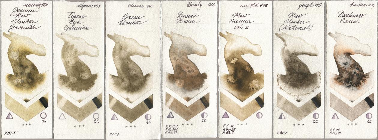 Roman Szmal Aquarius 125 German Raw Umber Greenish, Daniel Smith 161 Tigers Eye Genuine, Shminke Horadam Aquarell 665 Green Umber, 923 Desert Brown, Mijello Mission Gold 606 Raw Sienna No 2, Golden QOR 485 Raw Umber (Natural), Kusakabe 012 Darkness Sa watercolor swatch