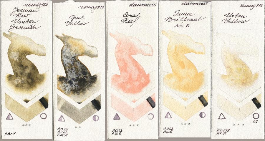 Roman Szmal Aquarius 125 German Raw Umber Greenish vs Rockwell 233 Opal Yellow vs Daniel Smith 255 Coral Reef vs 257 Jaune Brilliant No 2 vs Shminke Horadam Aquarell 916 Urban Yellow watercolor swatch