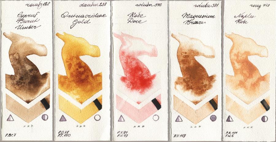 Roman Szmal Aquarius 128 Cyprus Burnt Umber vs Daniel Smith 238 Quinacridone Gold vs Winsor & Newton Professional 576 Rose Dore vs 381 Magnesuim Brown vs Rosa Gallery 748 Naples Rose watercolor swatch
