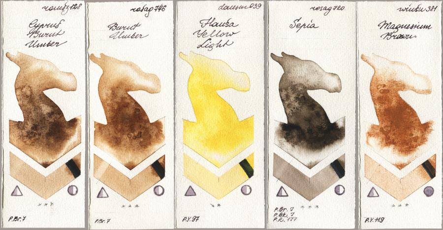 Roman Szmal Aquarius 128 Cyprus Burnt Umber vs Rosa Gallery 746 Burnt Umber vs Daniel Smith 039 Hansa Yellow Light vs 720 Sepia vs Winsor & Newton Professional 381 Magnesuim Brown watercolor swatch