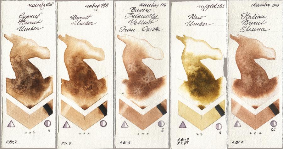 Roman Szmal Aquarius 128 Cyprus Burnt Umber, Rosa Gallery 746 Burnt Umber, Daniel Smith 176 Enviro-Friendly Yellow Iron Oxide, Mijello Mission Gold 563 Raw Umber, 047 Italian Burnt Sien watercolor swatch