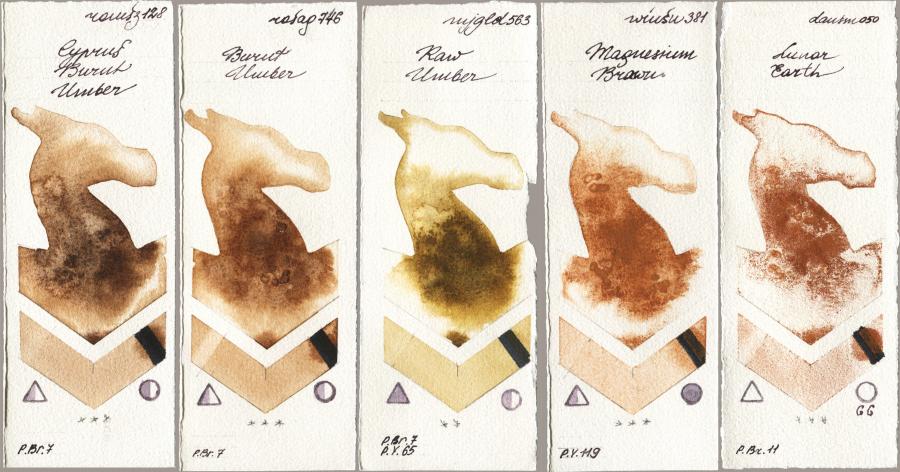 Roman Szmal Aquarius 128 Cyprus Burnt Umber vs Rosa Gallery 746 Burnt Umber vs Mijello Mission Gold 563 Raw Umber vs Winsor & Newton Professional 381 Magnesuim Brown vs Daniel Smith 050 Lunar Earth watercolor swatch