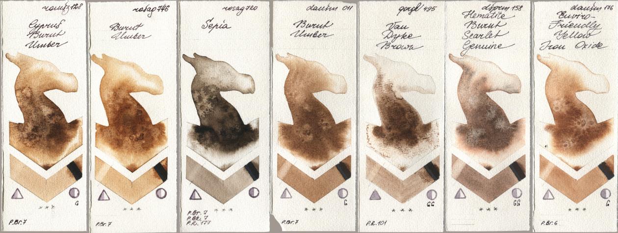 Roman Szmal Aquarius 128 Cyprus Burnt Umber, Rosa Gallery 746 Burnt Umber, 720 Sepia, Daniel Smith 011 Burnt Umber, Golden QOR 495 Van Dyke Brown, 158 Hematite Burnt Scarlet Genuine, 176 Enviro-Friendly Yellow Iron Oxi watercolor swatch