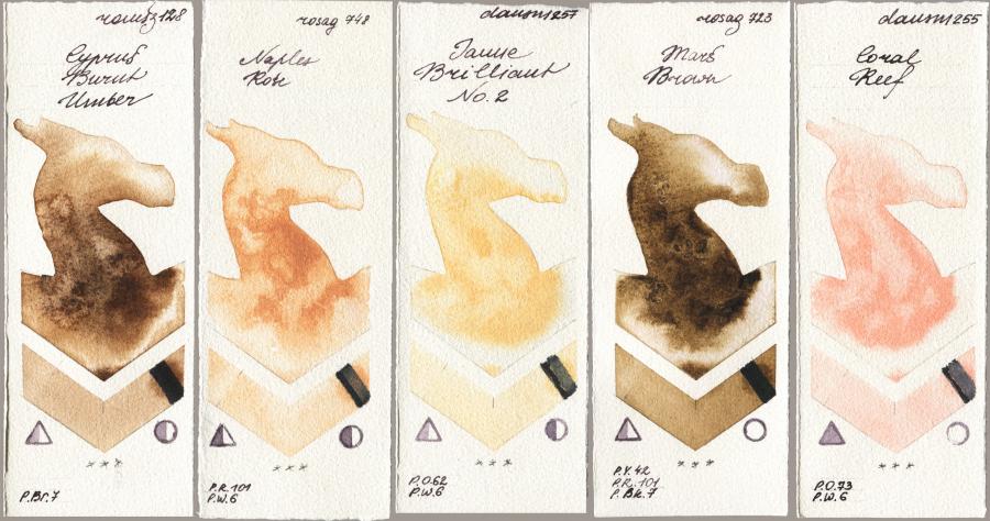 Roman Szmal Aquarius 128 Cyprus Burnt Umber vs Rosa Gallery 748 Naples Rose vs Daniel Smith 257 Jaune Brilliant No 2 vs 723 Mars Brown vs 255 Coral Reef watercolor swatch