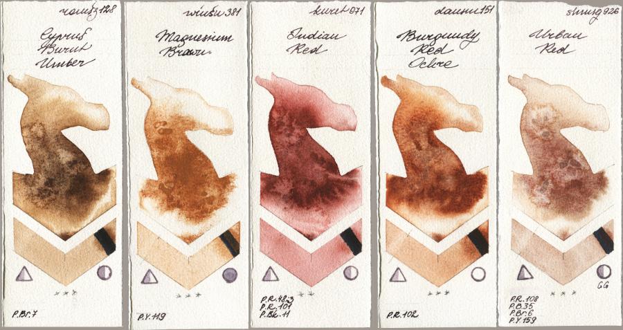 Roman Szmal Aquarius 128 Cyprus Burnt Umber vs Winsor & Newton Professional 381 Magnesuim Brown vs Kuretake Gansai Tambi 071 Indian Red vs Daniel Smith 151 Burgundy Red Ochre vs Shminke Horadam Aquarell 926 Urban Red watercolor swatch