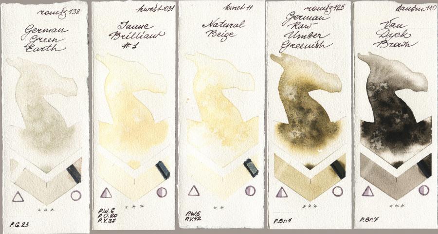 Roman Szmal Aquarius 138 German Green Earth vs Holbein Artists Watercolor 031 Jaune Brilliant No 1 vs Kuretake Gansai Tambi 011 Natural Beige vs 125 German Raw Umber Greenish vs Daniel Smith 110 Van Dyck Brown watercolor swatch