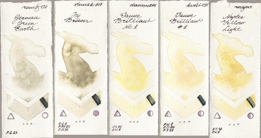 Roman Szmal Aquarius 138 German Green Earth vs Shminke Akademie Aquarell 917 Icy Brown vs Daniel Smith 256 Jaune Brilliant No 1 vs Holbein Artists Watercolor 031 Jaune Brilliant No 1 vs Rosa Gallery 745 Naples Yellow Light watercolor swatch