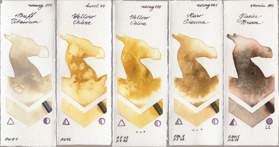 Roman Szmal Aquarius 201 Buff Titanium vs Kuretake Gansai Tambi 44 Yellow Ochre vs Rosa Gallery 719 Yellow Ochre vs 721 Raw Sienna vs Shminke Horadam Aquarell 964 Glacier Brown watercolor swatch