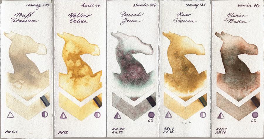 Roman Szmal Aquarius 201 Buff Titanium vs Kuretake Gansai Tambi 44 Yellow Ochre vs Shminke Horadam Aquarell 924 Desert Green vs Rosa Gallery 721 Raw Sienna vs 964 Glacier Brown watercolor swatch