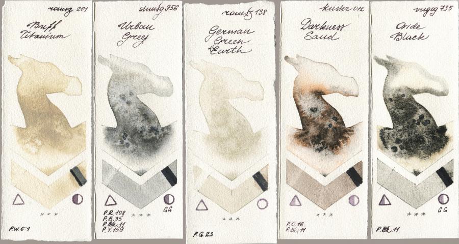 Roman Szmal Aquarius 201 Buff Titanium vs Shminke Horadam Aquarell 956 Urban Grey vs 138 German Green Earth vs Kusakabe 012 Darkness Sand vs Royal Talens Van Gogh Watercolour 735 Oxide Black watercolor swatch