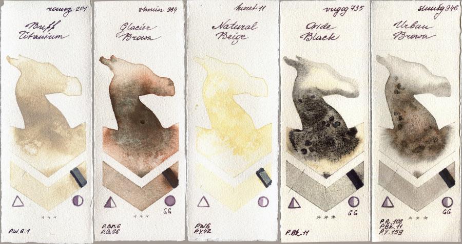 Roman Szmal Aquarius 201 Buff Titanium vs Shminke Horadam Aquarell 964 Glacier Brown vs Kuretake Gansai Tambi 11 Natural Beige vs Royal Talens Van Gogh Watercolour 735 Oxide Black vs 946 Urban Brown watercolor swatch
