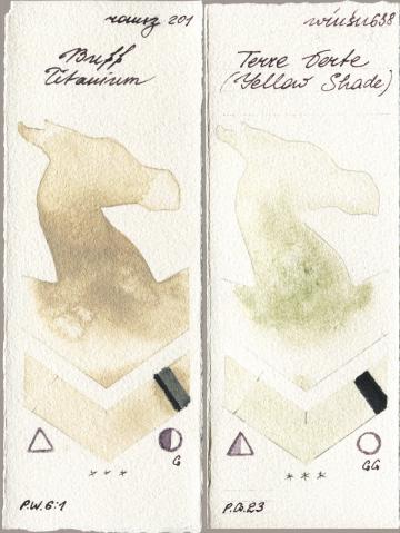 Roman Szmal Aquarius 201 Buff Titanium, Winsor & Newton Professional 638 Terre Verte (Yellow Shad watercolor swatch