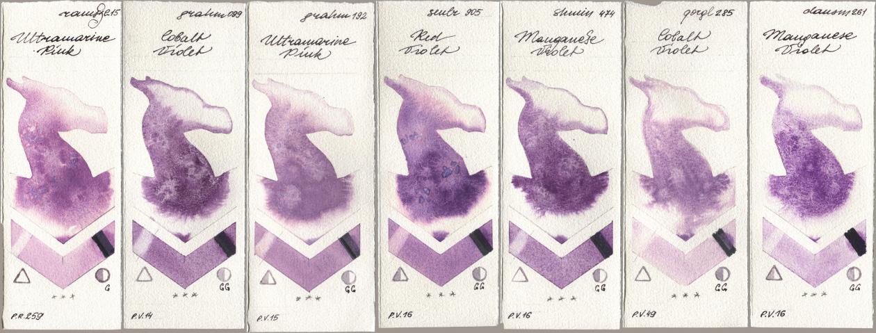 Roman Szmal Aquarius 215 Ultramarine Pink, M. Graham & Co. Artists 099 Cobalt Violet, 192 Ultramarine Pink, Sennelier l Aquarelle 905 Red Violet, Shminke Horadam Aquarell 474 Manganese Violet, Golden QOR 285 Cobalt Violet, Daniel Smith 261 Manganese Viol watercolor swatch