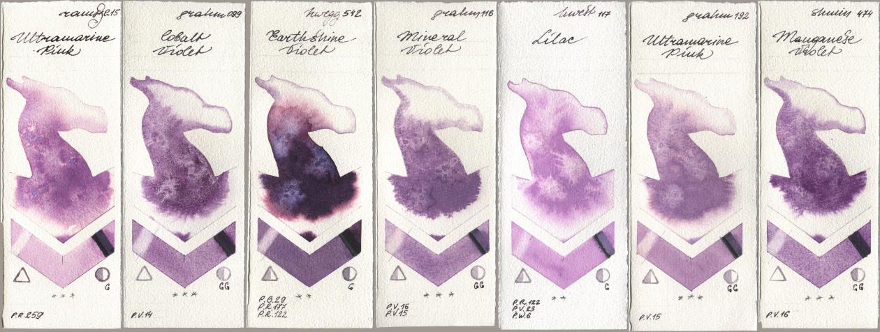 Roman Szmal Aquarius 215 Ultramarine Pink, M. Graham & Co. Artists 099 Cobalt Violet, Holbein Artists Watercolor 542 Earthshine Violet, 116 Mineral Violet, 117 Lilac, 192 Ultramarine Pink, Shminke Horadam Aquarell 474 Manganese Viol watercolor swatch