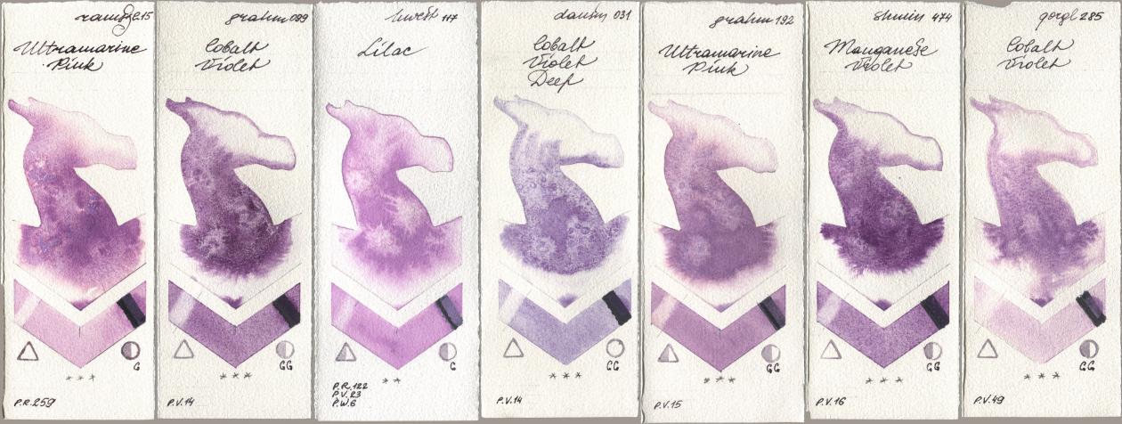 Roman Szmal Aquarius 215 Ultramarine Pink, M. Graham & Co. Artists 099 Cobalt Violet, Holbein Artists Watercolor 117 Lilac, Daniel Smith 031 Cobalt Violet Deep, 192 Ultramarine Pink, Shminke Horadam Aquarell 474 Manganese Violet, Golden QOR 285 Cobalt Viol watercolor swatch