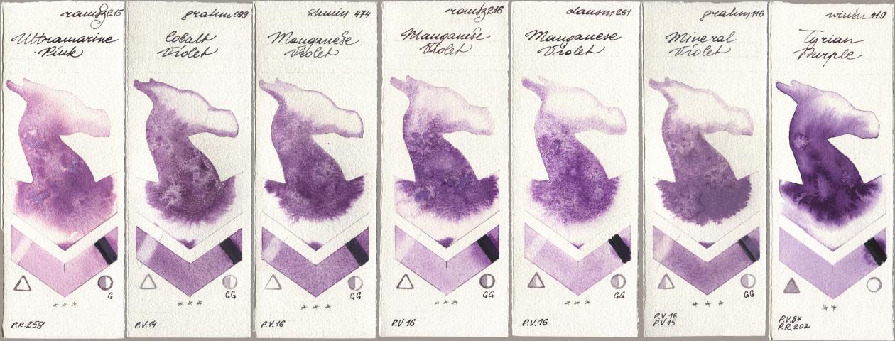 Roman Szmal Aquarius 215 Ultramarine Pink, M. Graham & Co. Artists 099 Cobalt Violet, Shminke Horadam Aquarell 474 Manganese Violet, 216 Manganese Violet, Daniel Smith 261 Manganese Violet, 116 Mineral Violet, Winsor & Newton Professional 419 Tyrian Purp watercolor swatch