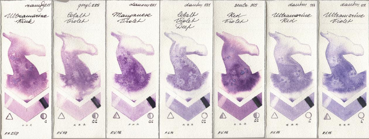 Roman Szmal Aquarius 215 Ultramarine Pink, Golden QOR 285 Cobalt Violet, Daniel Smith 261 Manganese Violet, 031 Cobalt Violet Deep, Sennelier l Aquarelle 905 Red Violet, 107 Ultramarine Red, 108 Ultramarine Viol watercolor swatch