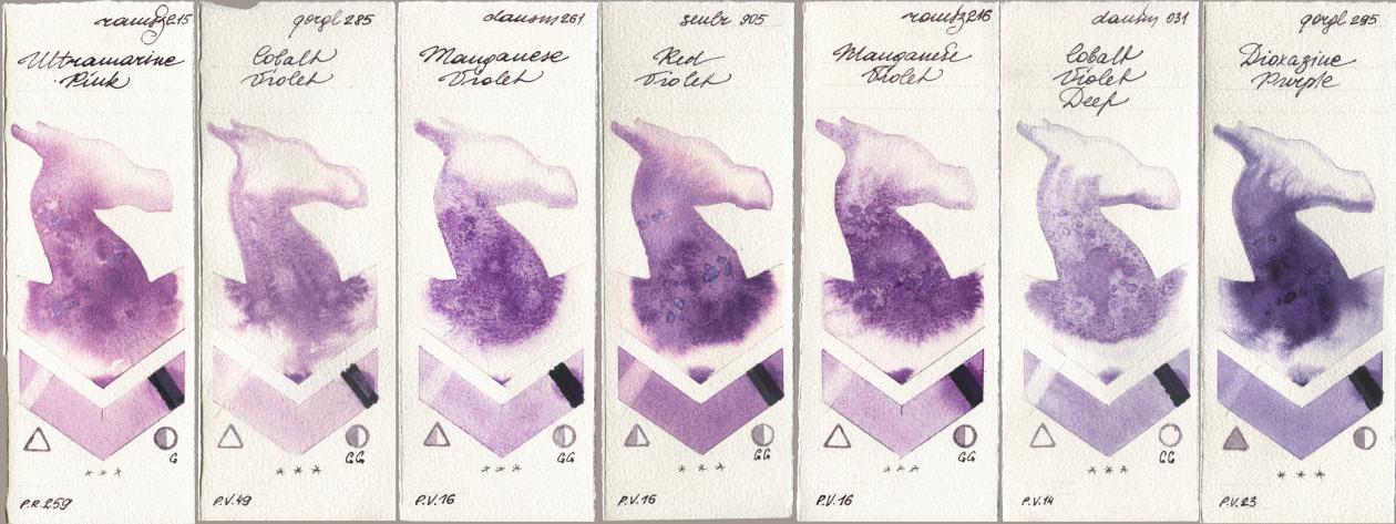 Roman Szmal Aquarius 215 Ultramarine Pink, Golden QOR 285 Cobalt Violet, Daniel Smith 261 Manganese Violet, Sennelier l Aquarelle 905 Red Violet, 216 Manganese Violet, 031 Cobalt Violet Deep, 295 Dioxazine Purp watercolor swatch