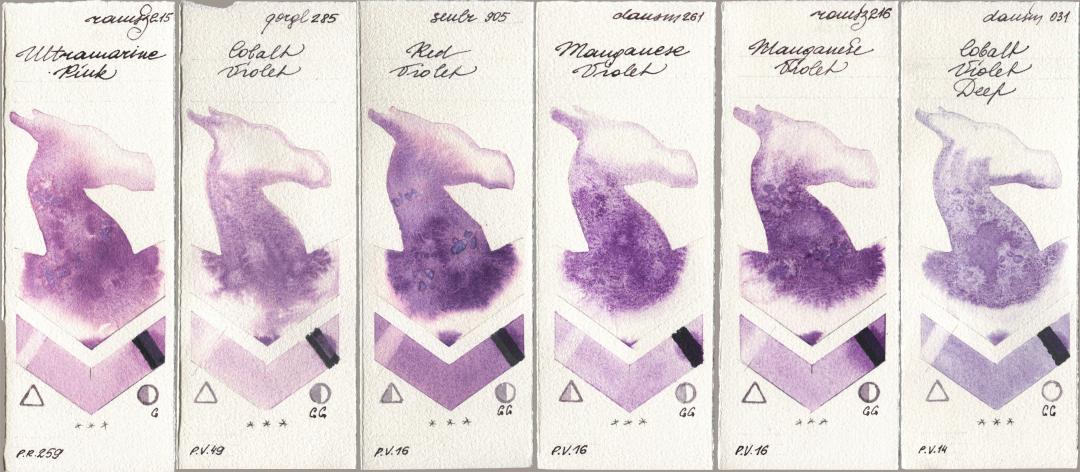 Roman Szmal Aquarius 215 Ultramarine Pink, Golden QOR 285 Cobalt Violet, Sennelier l Aquarelle 905 Red Violet, Daniel Smith 261 Manganese Violet, 216 Manganese Violet, 031 Cobalt Violet De watercolor swatch