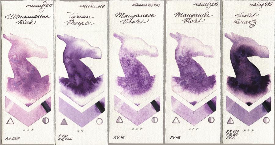 Roman Szmal Aquarius 215 Ultramarine Pink vs Winsor & Newton Professional 419 Tyrian Purple vs Daniel Smith 261 Manganese Violet vs 216 Manganese Violet vs Rosa Gallery 785 Violet Quartz watercolor swatch