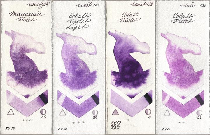 Roman Szmal Aquarius 216 Manganese Violet, Holbein Artists Watercolor 110 Cobalt Violet Light, Kuretake Gansai Tambi 139 Cobalt Violet, Winsor & Newton Professional 192 Cobalt Viol watercolor swatch