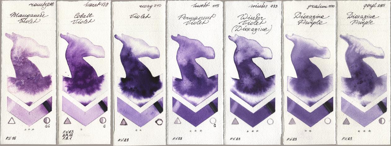 Roman Szmal Aquarius 216 Manganese Violet, Kuretake Gansai Tambi 139 Cobalt Violet, Rosa Gallery 710 Violet, Holbein Artists Watercolor 115 Permanent Violet, Winsor & Newton Professional 733 Winsor Violet (Dioxazine), M. Graham & Co. Artists 100 Dioxazine Purple, Golden QOR 295 Dioxazine Purp watercolor swatch
