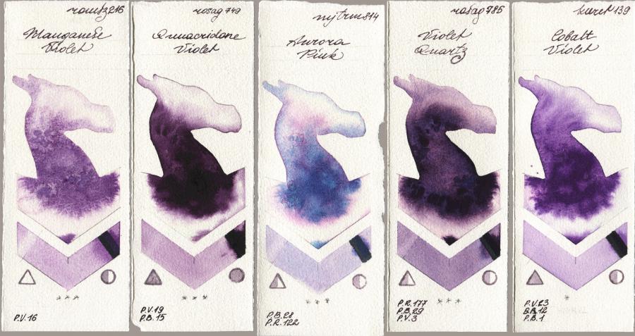 Roman Szmal Aquarius 216 Manganese Violet vs Rosa Gallery 749 Quinacridone Violet vs Mijello Mission Gold 814 Aurora Pink vs 785 Violet Quartz vs Kuretake Gansai Tambi 139 Cobalt Violet watercolor swatch
