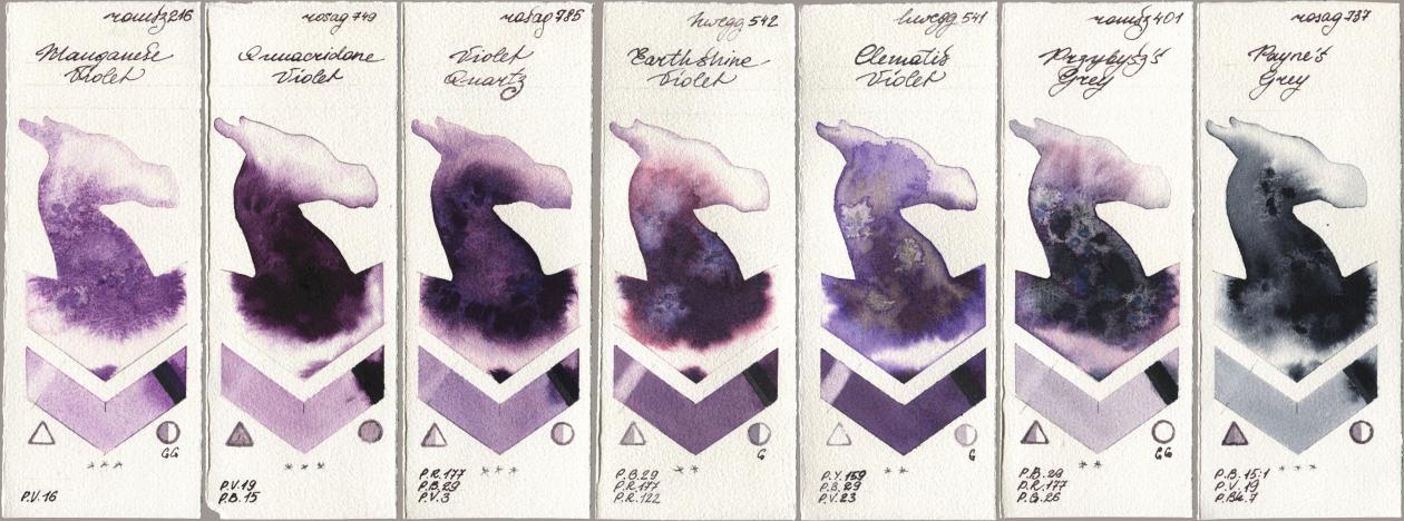 Roman Szmal Aquarius 216 Manganese Violet, Rosa Gallery 749 Quinacridone Violet, 785 Violet Quartz, Holbein Artists Watercolor 542 Earthshine Violet, 541 Clematis Violet, 401 Przybyszs Grey, 737 Paynes Gr watercolor swatch