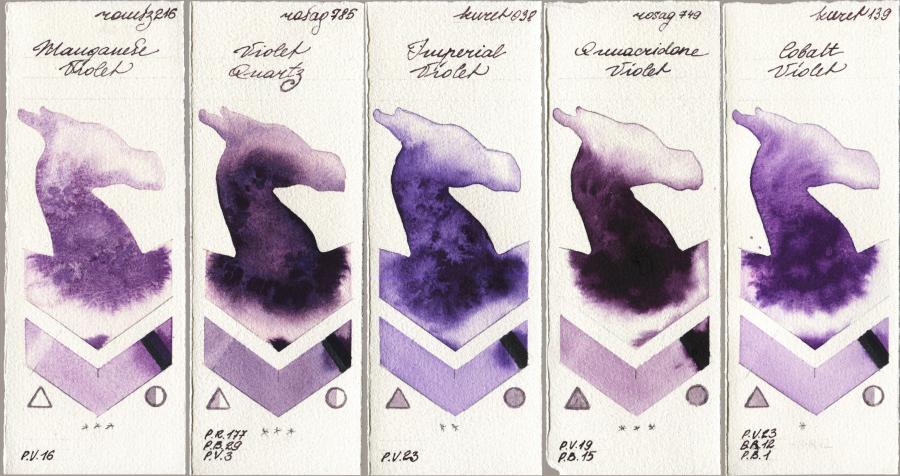 Roman Szmal Aquarius 216 Manganese Violet vs Rosa Gallery 785 Violet Quartz vs Kuretake Gansai Tambi 038 Imperial Violet vs 749 Quinacridone Violet vs 139 Cobalt Violet watercolor swatch