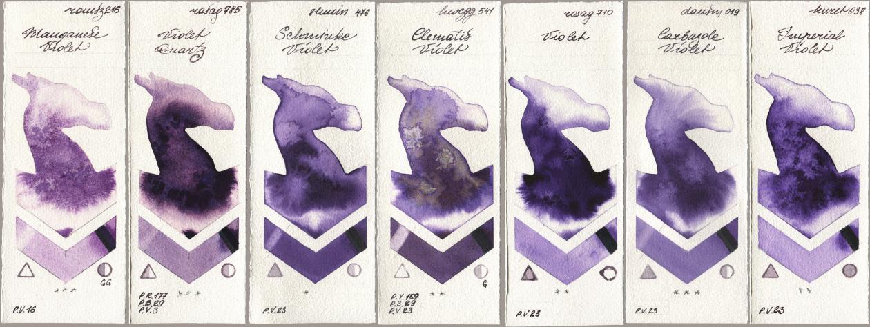 Roman Szmal Aquarius 216 Manganese Violet, Rosa Gallery 785 Violet Quartz, Shminke Horadam Aquarell 476 Schmincke Violet, Holbein Artists Watercolor 541 Clematis Violet, 710 Violet, Daniel Smith 019 Carbazole Violet, Kuretake Gansai Tambi 038 Imperial Viol watercolor swatch