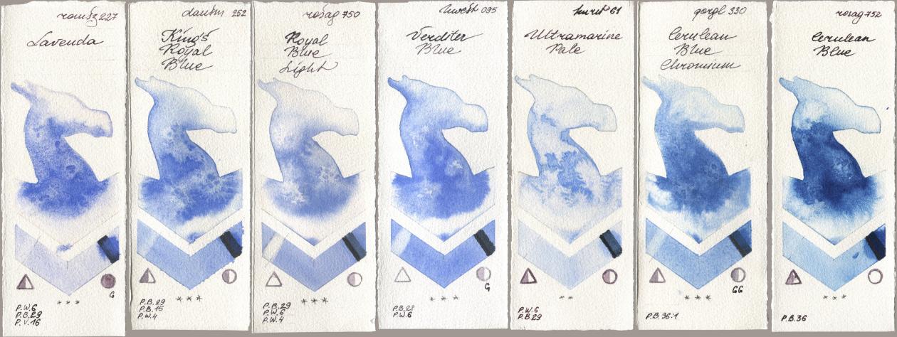 Roman Szmal Aquarius 227 Lavenda, Daniel Smith 252 King’s Royal Blue, Rosa Gallery 750 Royal Blue Light, Holbein Artists Watercolor 095 Verditer Blue, Kuretake Gansai Tambi 061 Ultramarine Pale, Golden QOR 330 Cerulean Blue, Chromium, 752 Cerulean Bl watercolor swatch