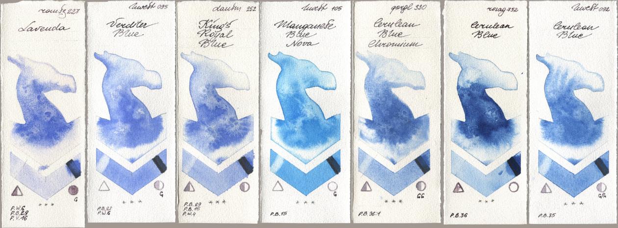 Roman Szmal Aquarius 227 Lavenda, Holbein Artists Watercolor 095 Verditer Blue, Daniel Smith 252 King’s Royal Blue, 105 Manganese Blue Nova, Golden QOR 330 Cerulean Blue, Chromium, Rosa Gallery 752 Cerulean Blue, 092 Cerulean Bl watercolor swatch
