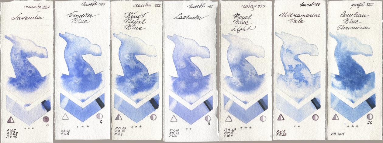 Roman Szmal Aquarius 227 Lavenda, Holbein Artists Watercolor 095 Verditer Blue, Daniel Smith 252 King’s Royal Blue, 116 Lavender, Rosa Gallery 750 Royal Blue Light, Kuretake Gansai Tambi 061 Ultramarine Pale, Golden QOR 330 Cerulean Blue, Chromi watercolor swatch