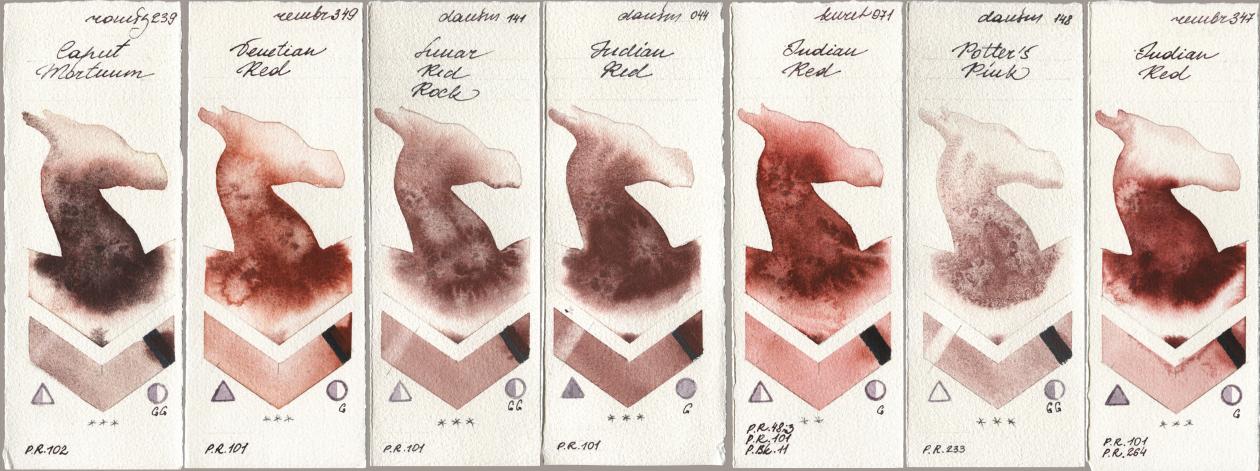 Roman Szmal Aquarius 239 Caput Mortuum, Royal Talens Rembrandt Watercolour 349 Venerian Red, Daniel Smith 141 Lunar Red Rock, 044 Indian Red, Kuretake Gansai Tambi 071 Indian Red, 148 Potters Pink, 347 Indian R watercolor swatch