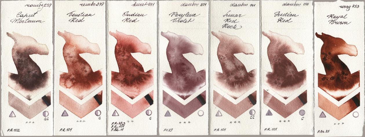 Roman Szmal Aquarius 239 Caput Mortuum, Royal Talens Rembrandt Watercolour 349 Venerian Red, Kuretake Gansai Tambi 071 Indian Red, Daniel Smith 201 Perylene Violet, 141 Lunar Red Rock, 044 Indian Red, Rosa Gallery 753 Royal Bro watercolor swatch