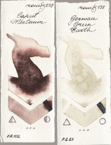 Roman Szmal Aquarius 239 Caput Mortuum vs 138 German Green Earth watercolor swatch