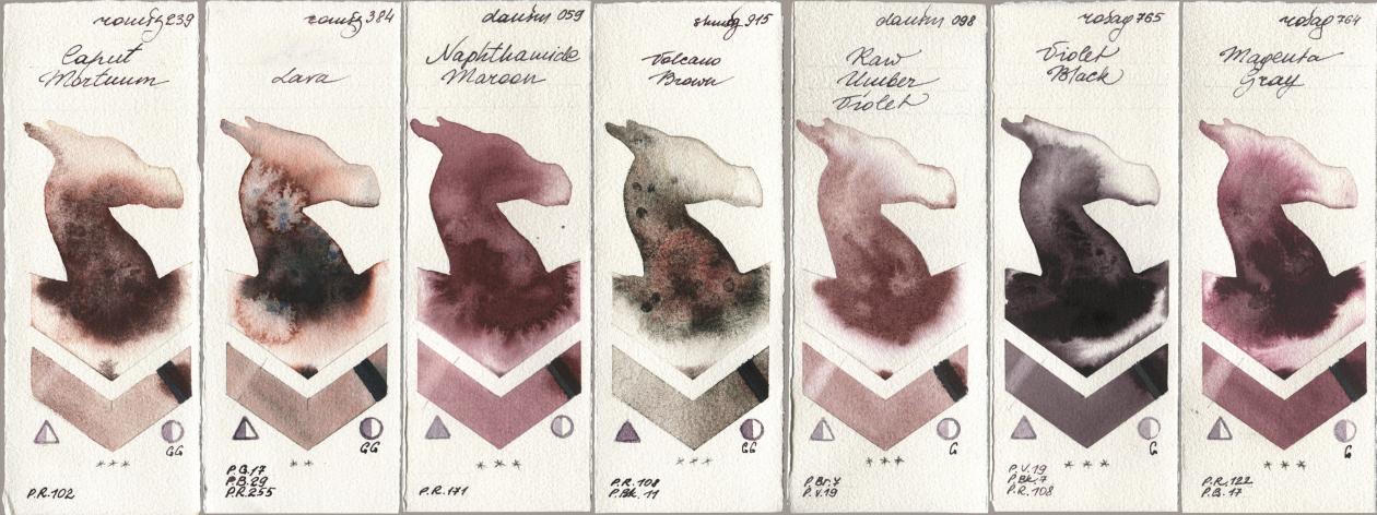 Roman Szmal Aquarius 239 Caput Mortuum, 384 Lava, Daniel Smith 059 Naphthamide Maroon, Shminke Horadam Aquarell 915 Volcano Brown, 098 Raw Umber Violet, Rosa Gallery 765 Violet Black, 764 Magenta Gr watercolor swatch