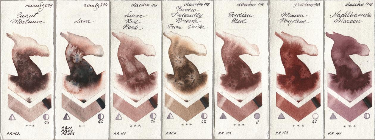 Roman Szmal Aquarius 239 Caput Mortuum, 384 Lava, Daniel Smith 141 Lunar Red Rock, 178 Enviro-Friendly Brown Iron Oxide, 044 Indian Red, M. Graham & Co. Artists 113 Maroon Perylene, 059 Naphthamide Maro watercolor swatch