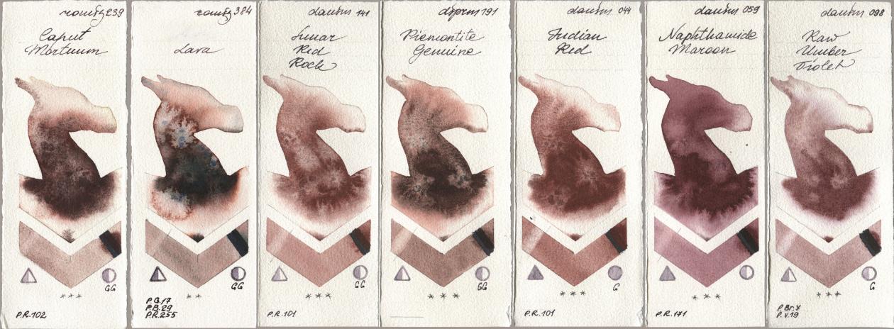 Roman Szmal Aquarius 239 Caput Mortuum, 384 Lava, Daniel Smith 141 Lunar Red Rock, 191 Piemontite Genuine, 044 Indian Red, 059 Naphthamide Maroon, 098 Raw Umber Viol watercolor swatch