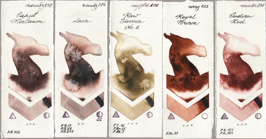 Roman Szmal Aquarius 239 Caput Mortuum vs 384 Lava vs Mijello Mission Gold 606 Raw Sienna No 2 vs Rosa Gallery 753 Royal Brown vs Royal Talens Rembrandt Watercolour 347 Indian Red watercolor swatch