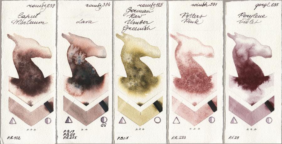 Roman Szmal Aquarius 239 Caput Mortuum vs 384 Lava vs 125 German Raw Umber Greenish vs Winsor & Newton Professional 537 Potters Pink vs Golden QOR 635 Perylene Violet watercolor swatch