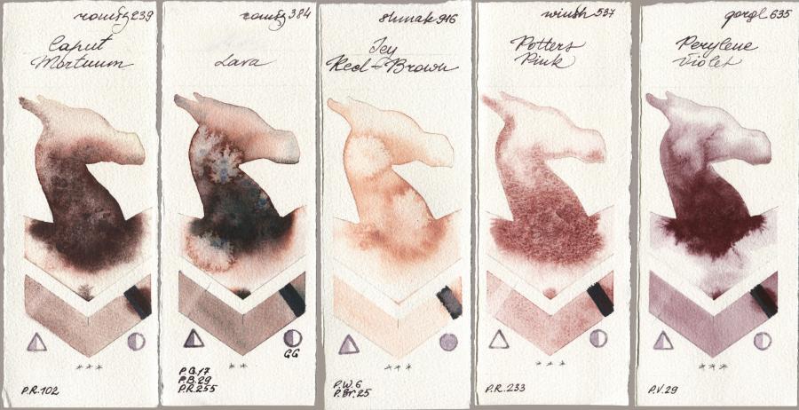 Roman Szmal Aquarius 239 Caput Mortuum vs 384 Lava vs Shminke Akademie Aquarell 916 Icy Red-Brown vs Winsor & Newton Professional 537 Potters Pink vs Golden QOR 635 Perylene Violet watercolor swatch